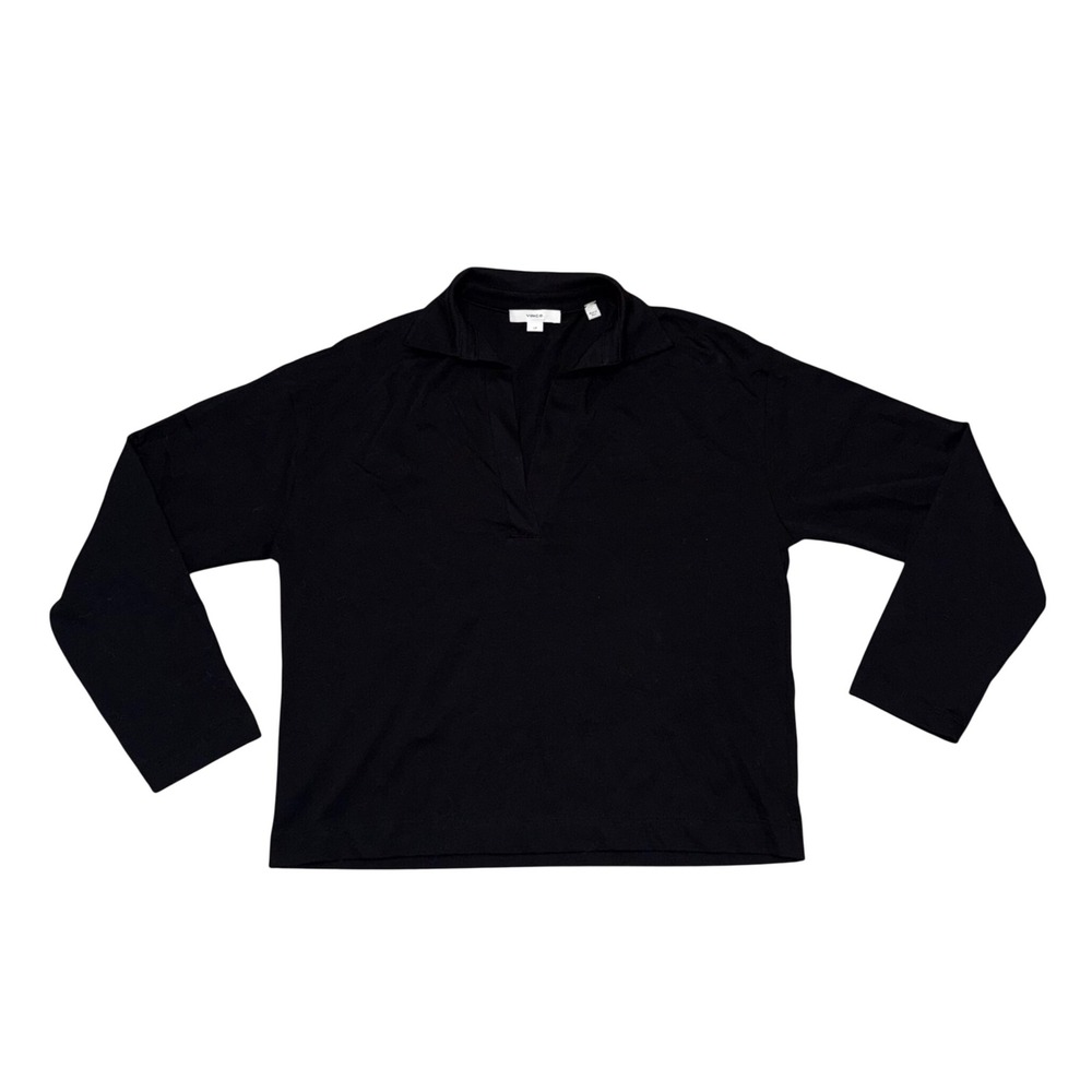 Vince Long Sleeve Polo Women S Black Excellent Cotton Split Neck Pullover